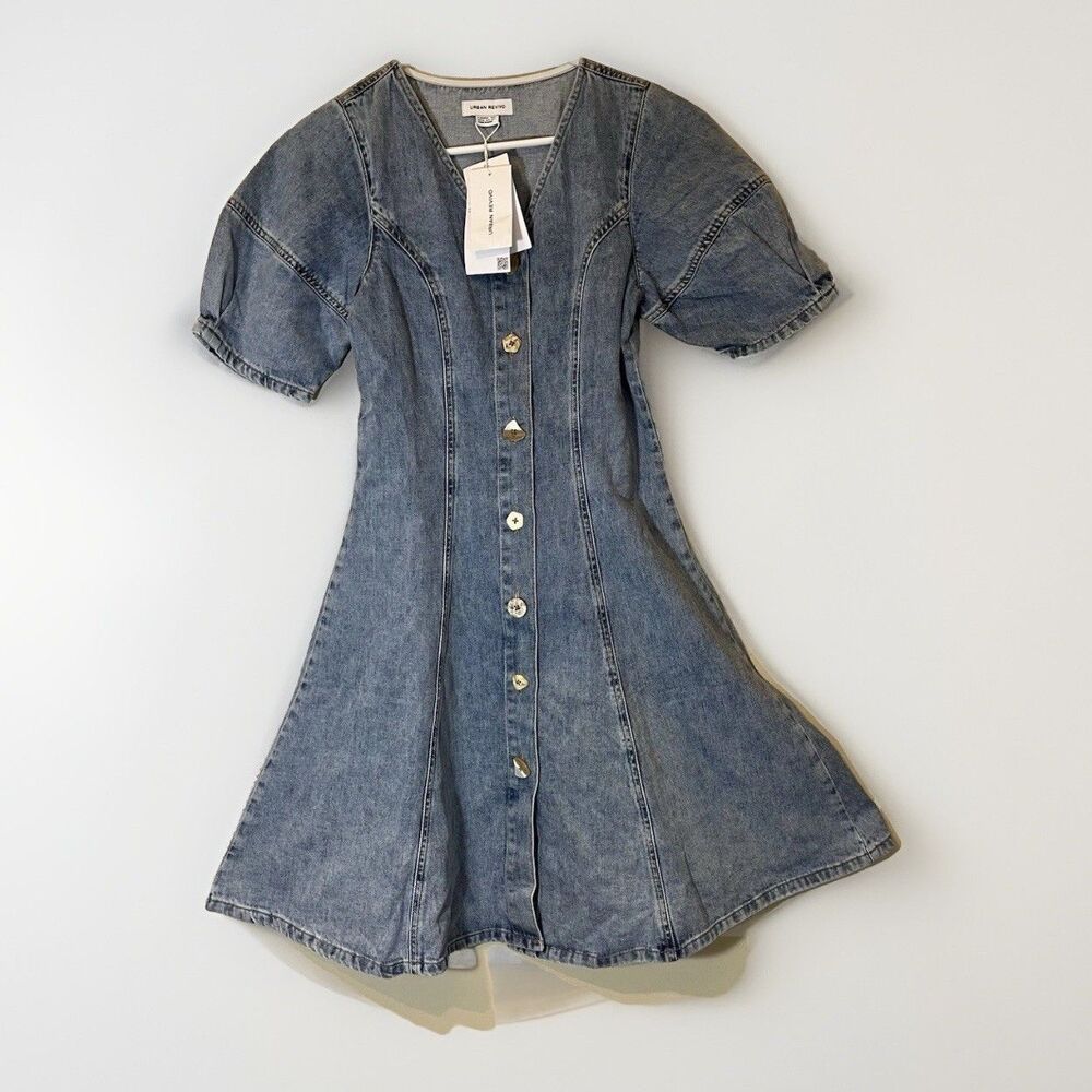 Urban Revivo Puff Sleeve V-Neck Denim Dresses Womens Small Buttons  Western Boho